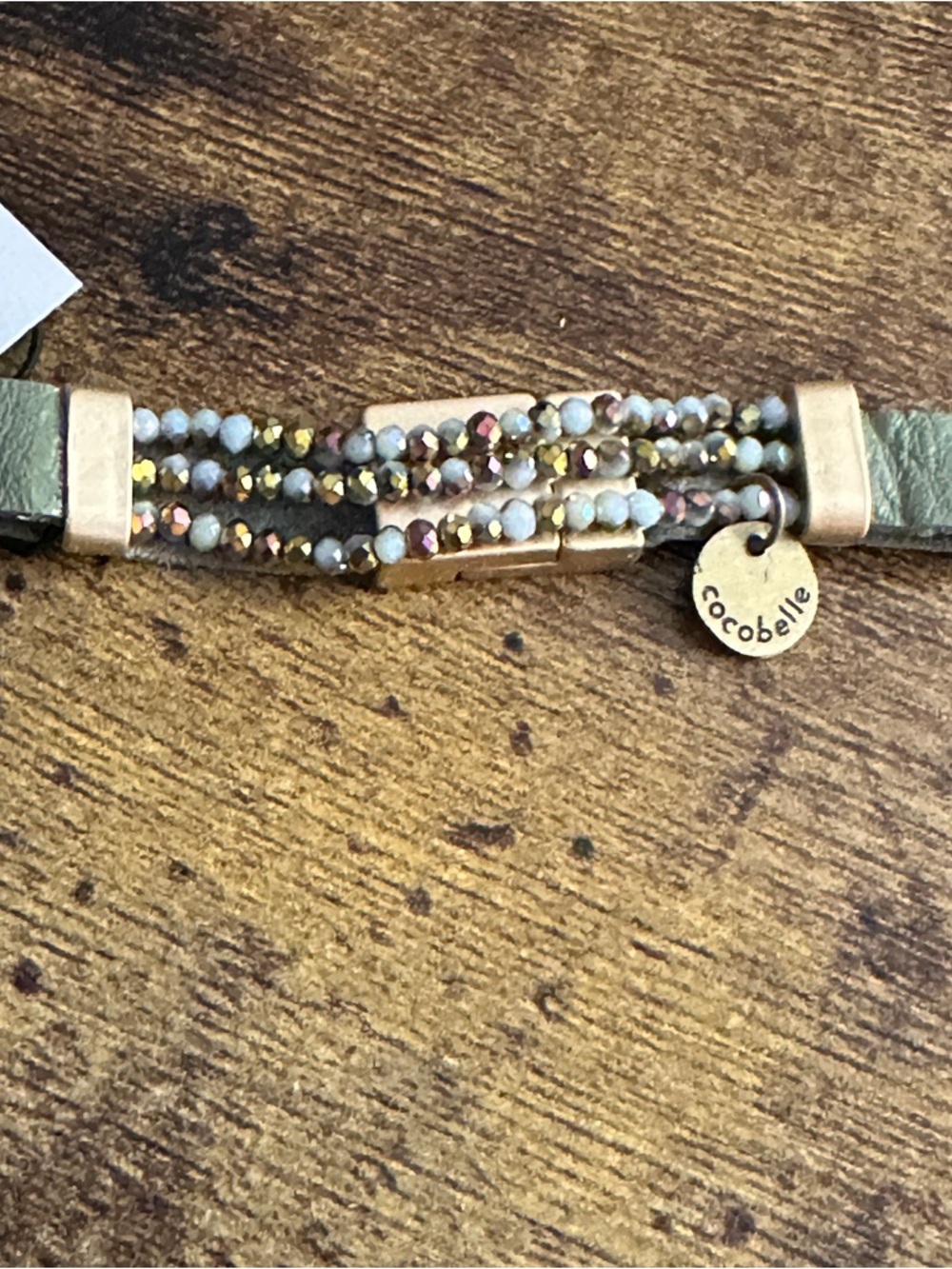 Anthropologie Cocobelle Bracelet Green Gold Leather Beaded Magnetic Boho New - Picture 4 of 8